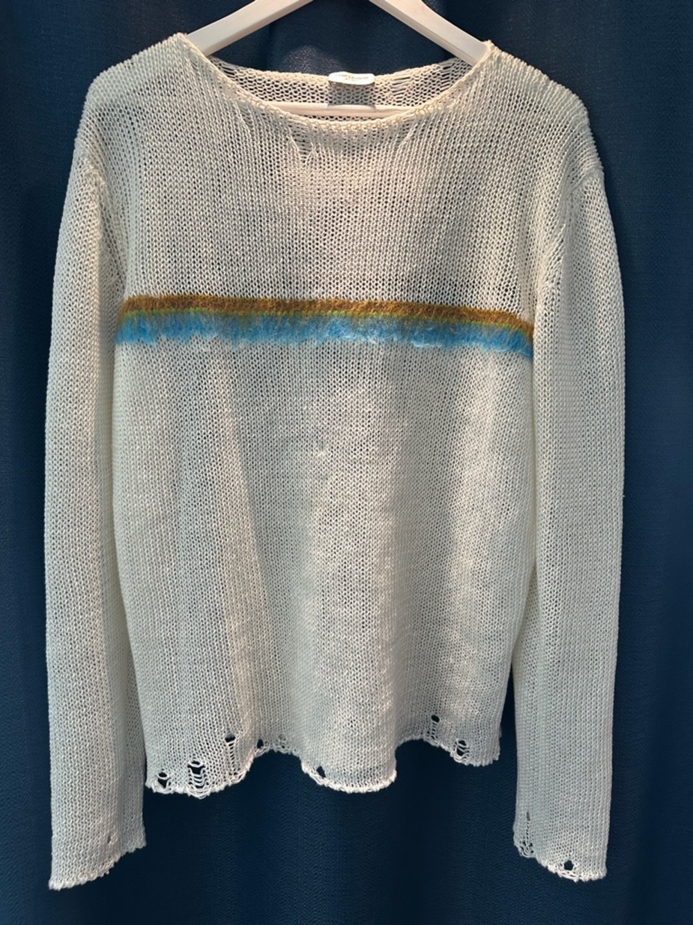 Saint Laurent Cream Open-Knit Sweater with Blue and Gold Stripe